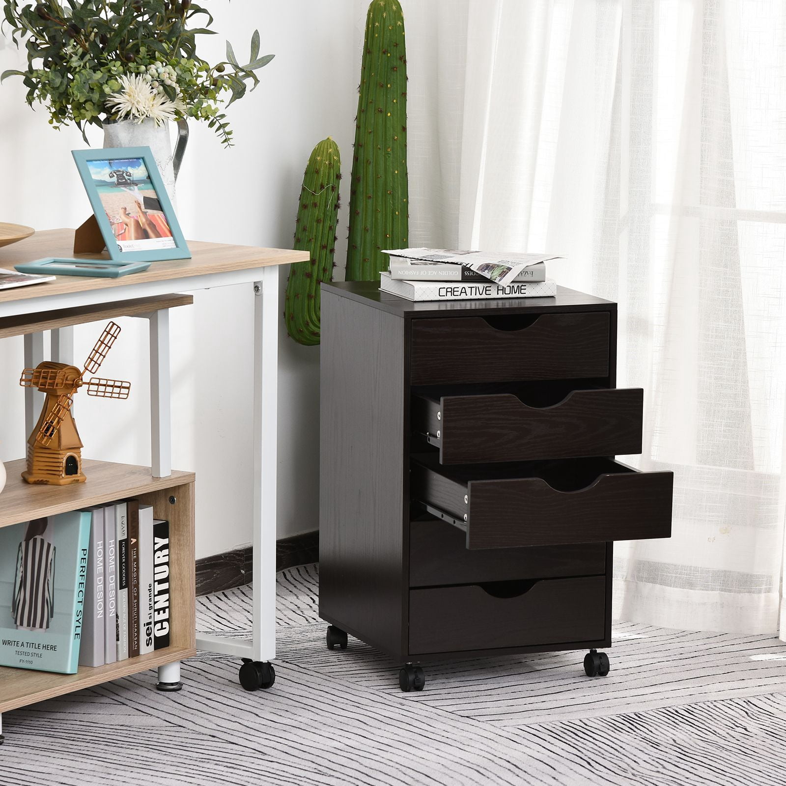 HOMCOM 5-Drawer File Cabinet, Modern Nordic Style Brown Wood Storage Organizer with Smooth Casters and Locking Brakes for Home Office, Living Room, and Workspace, 15.75"x15.75"x26.5"