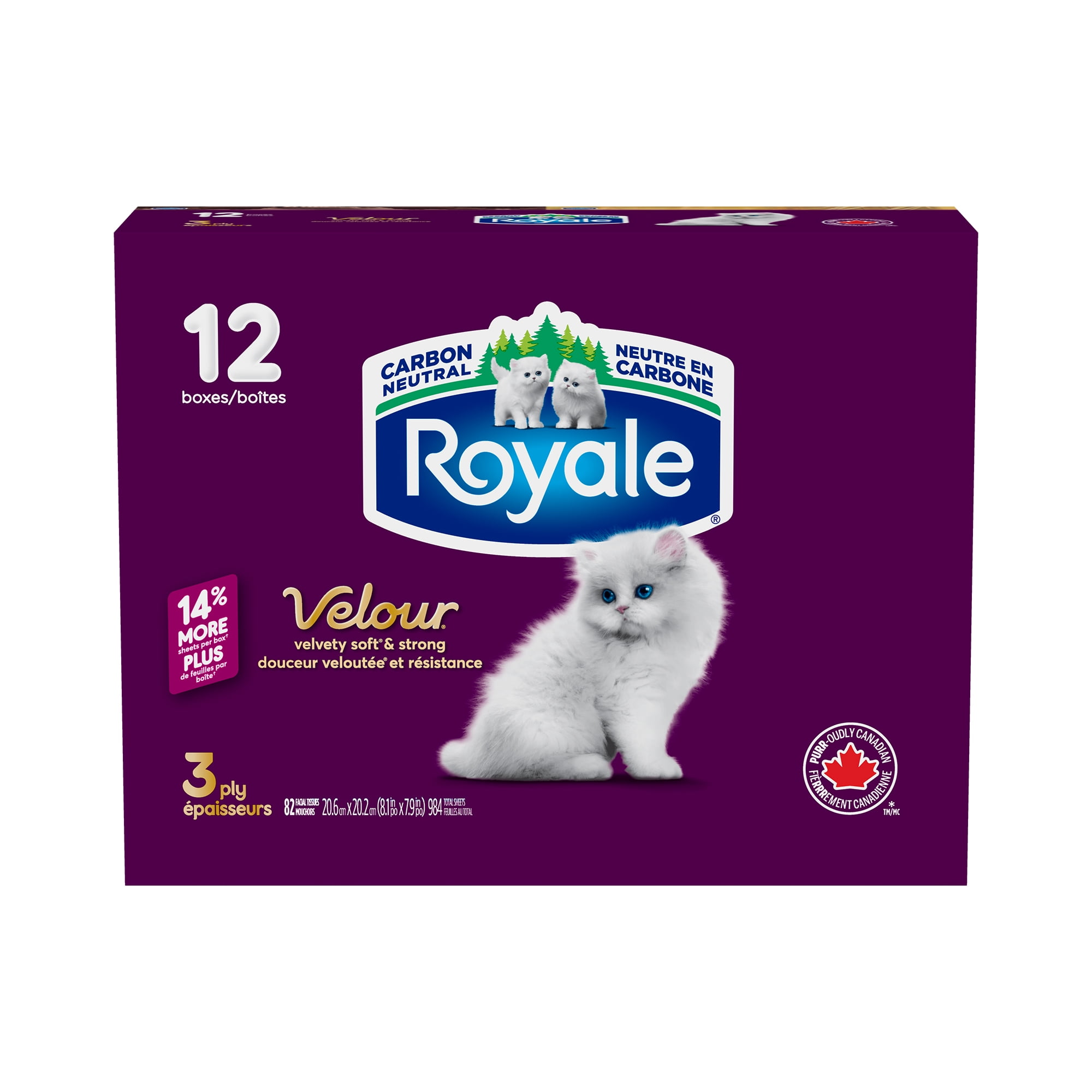 Royale Velour, 3 Ply Facial Tissue, 12 Flat Boxes, 82 Tissues per Box