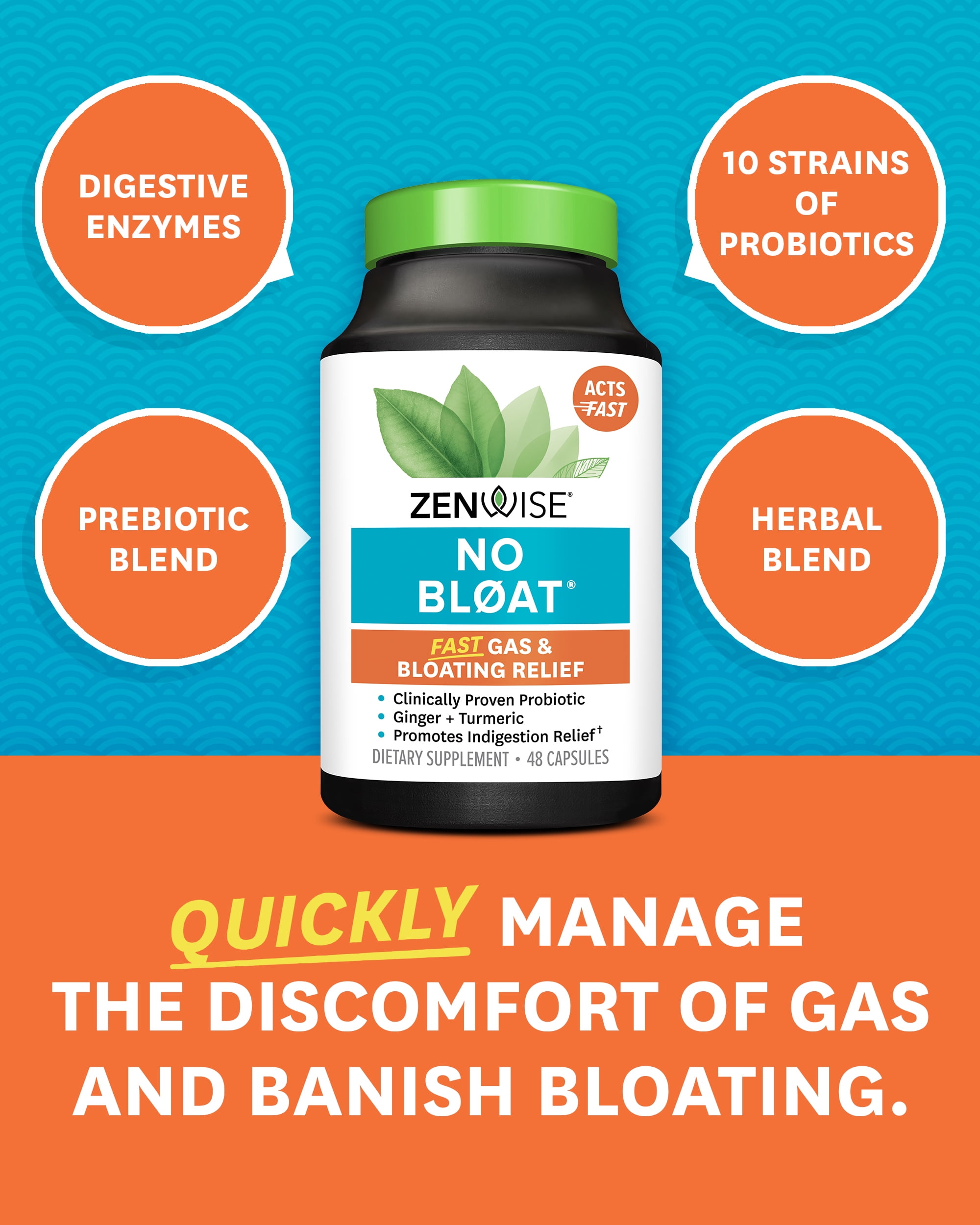 Zenwise No Bloat, Probiotics Digestive Enzymes Herbal Supplement 48ct, Gas & Bloat Relief