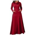 thumbnail image 1 of KIHOUT Robe Maxi Femme Couleur Unie Col Haut Manches Longues Patchwork Poches Grand Ourlet Longue Jupe, 1 of 5