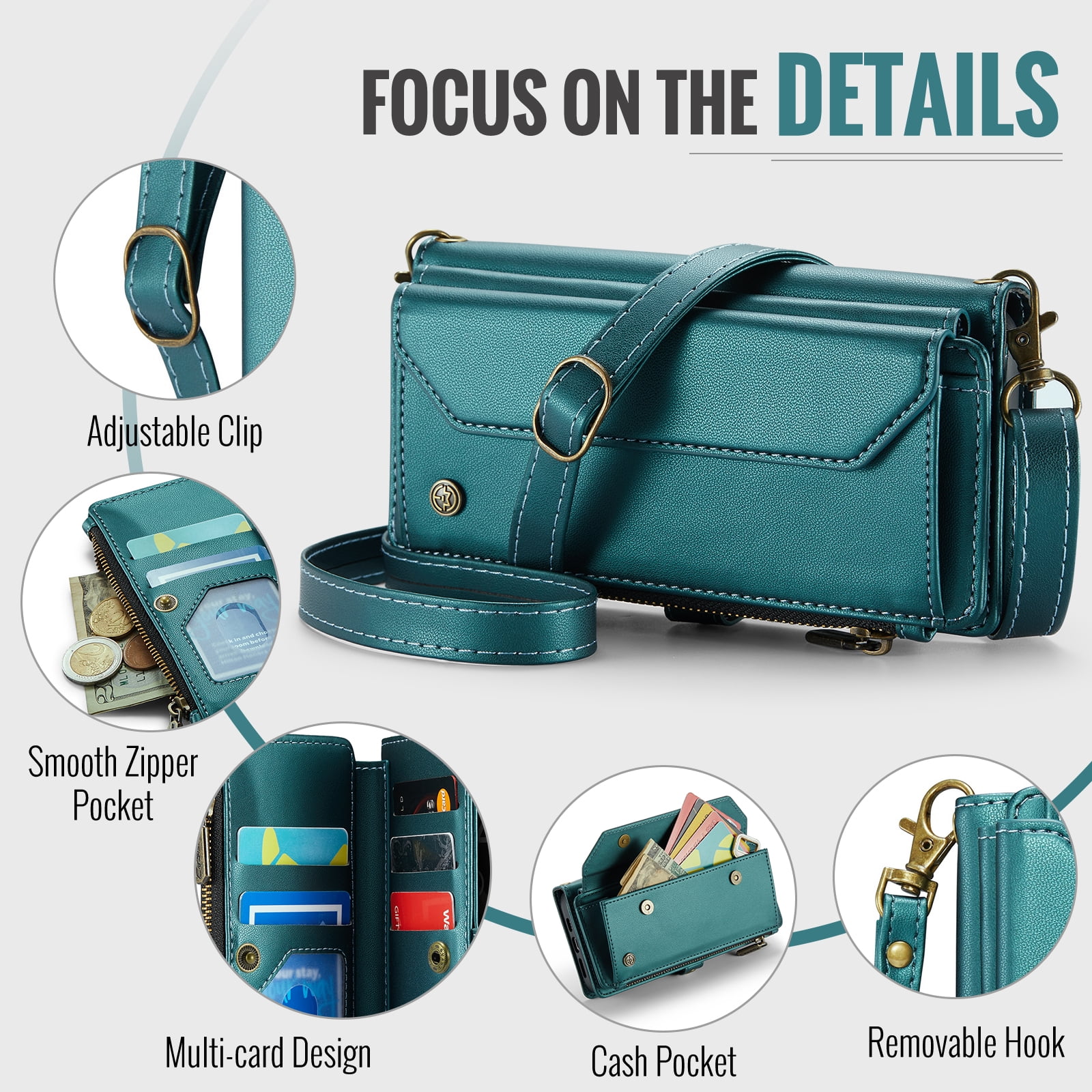 ShellTech Crossbody Wallet Women Men Case for iPhone 7/8/SE 2nd/3rd Gen,Magnetic Leather Flip Case RFID Blocking 7-Card Holder Zipper Wallet Cash Pocket Stand Cover with Shoulder Wrist Strap,Green