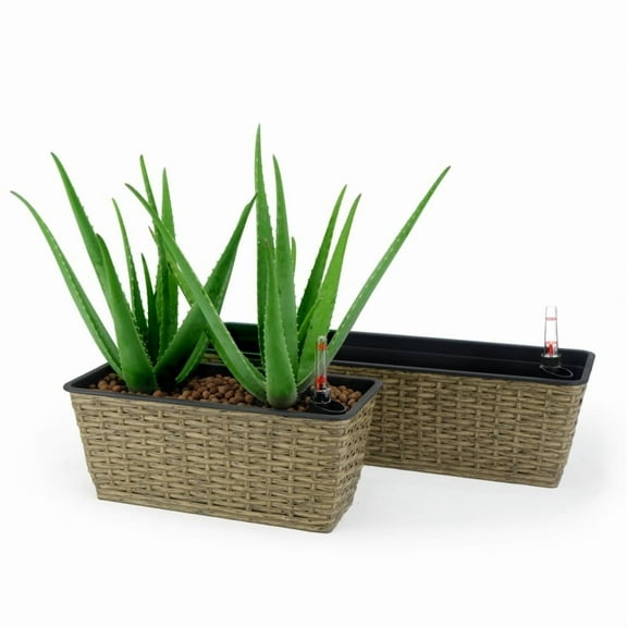 2-Pack Smart Self-watering Rectangle Planter for Indoor and Outdoor - Hand Woven Wicker - Espresso