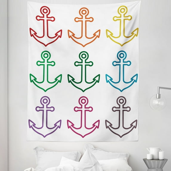 Anchor Tapestry, Colorful Outline Anchors Sailing Cruise Travel Boat Ship Vessel Graphic Naval Theme, Fabric Wall Hanging Decor for Bedroom Living Room Dorm, 5 Sizes, Multicolor, by Ambesonne