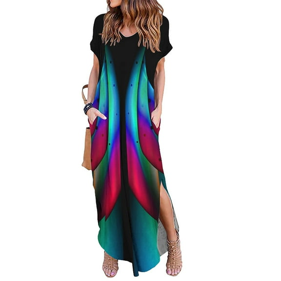 Jophufed Women's Casual Loose Pocket Maxi Long Dress Short Sleeve Split V Neck Print Beach Summer Dresses for Women 2025
