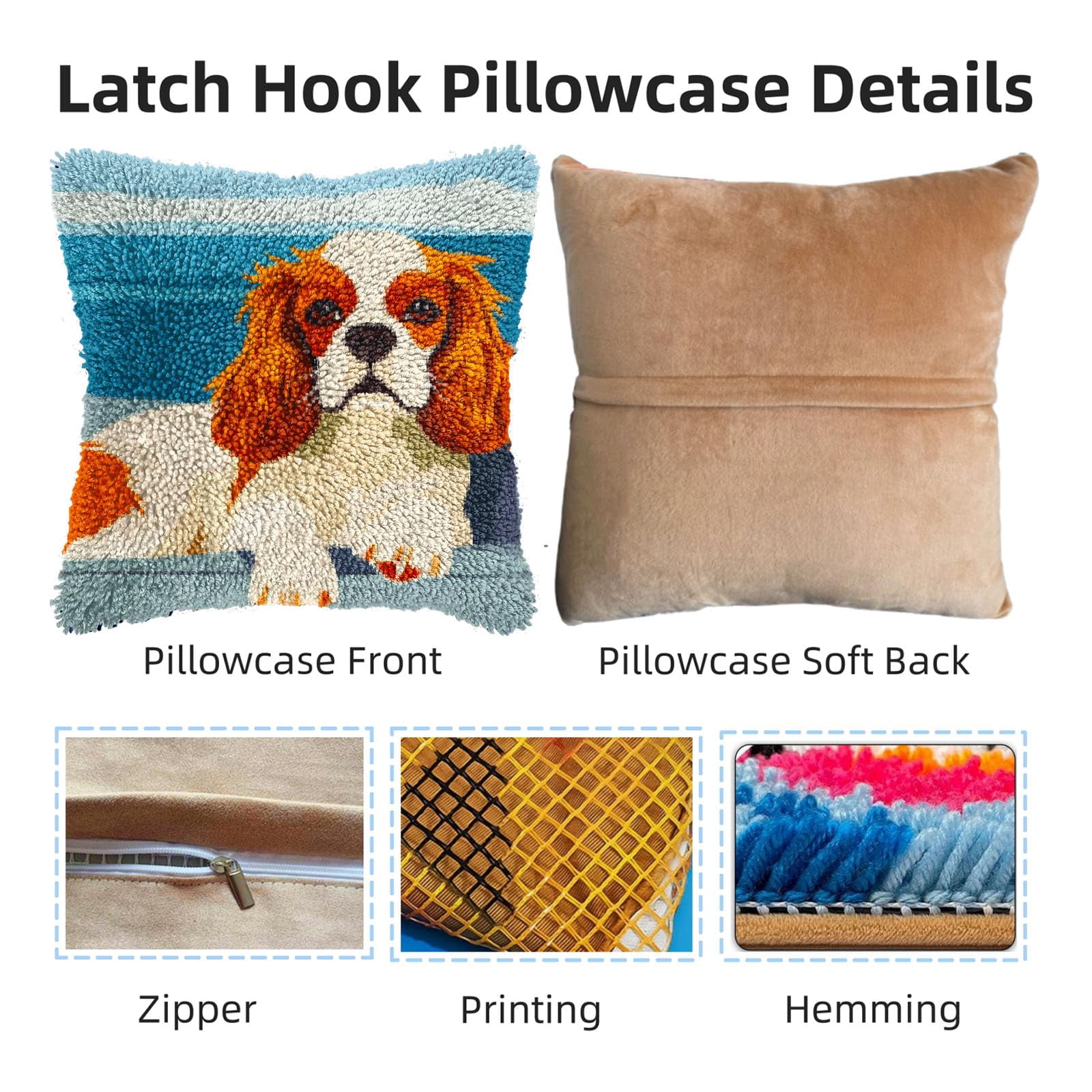DIY Latch Hook Pillow Kits for Adults Cute Cavalier King Charles Dog Printed Pillowcase Crochet Yarns Hooking Handmade Pillow Cover Cushion for Home Sofa Decoration 17x17inch(1)