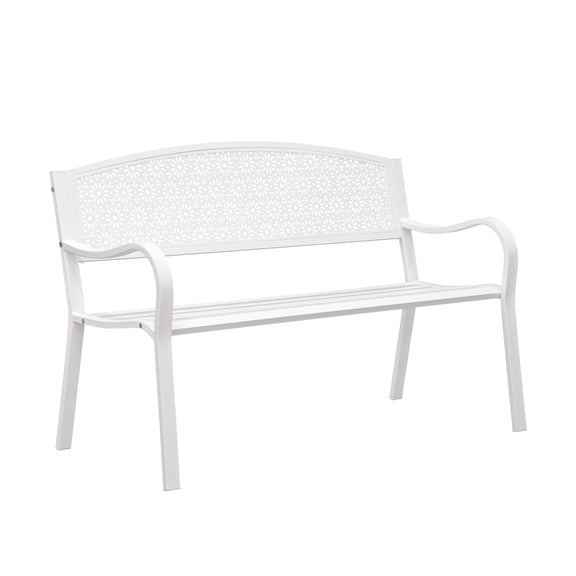 KOOL High Back Outdoor Metal Garden Bench Steel Slat Patio Loveseat Park Bench for Porch Yard Lawn Patio Bench, White