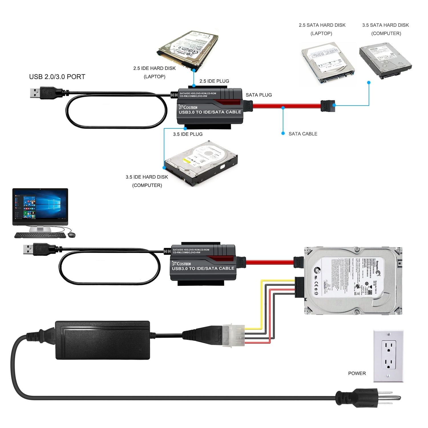 Costech USB 3.0 to SATA IDE HDD, DVD-ROM, CD-ROM, CD-RM, COMBO, DVD-RW Adapter 2.5/3.5 HDD Hard Drive Converter With Power Supply Cable for Windows7/8/10, ...