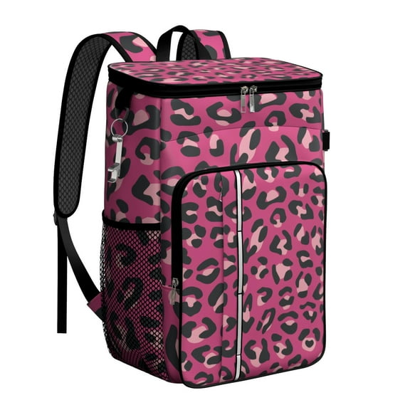 Travel Cooler Bag - Pink and Black Of Leopard Print Camping Beer Cooler Backpack with Bottle Opener- Waterproof Insulated Picnic Backpacks - Cooler Bag for Beach