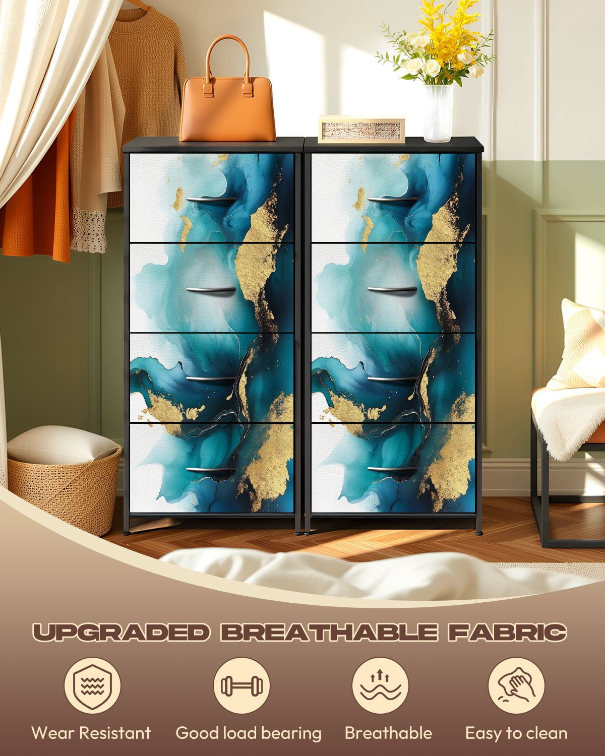 Kanworse 4 Drawer Fabric Dresser for Bedroom Teal Alcohol Ink Fluid Chests of Drawers for Closet Organizers Storage