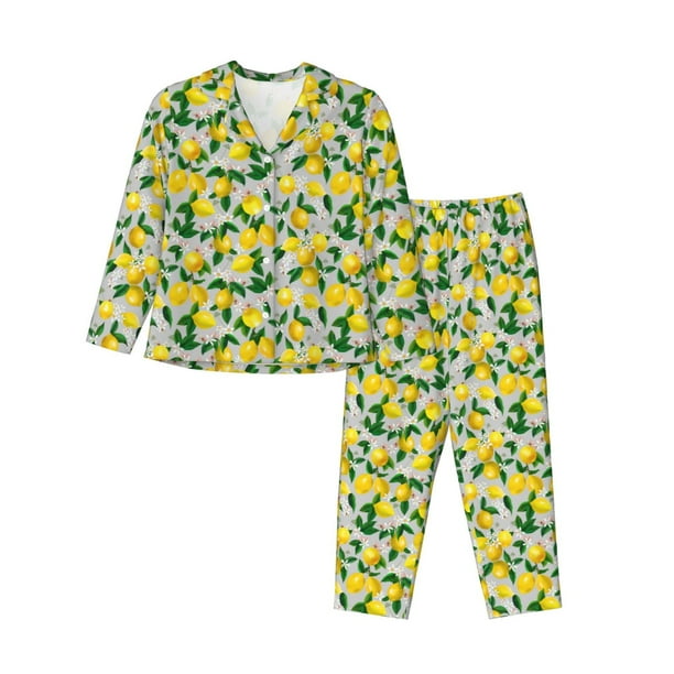 Balery Lemon1 Conjunto de Pijama con Estampado para Mujer, Conjunto de Dos Piezas con Manga Larga, Ropa de Dormir Suave con Bolsillos, Pijamas Cómodos-Medium