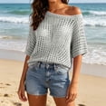 thumbnail image 4 of Lenpel Knitted Cover up for Women One Shoulder Asymmetric Neck 3/4 Sleeve Hollow out Sweater Tops Casual Loose Beach Vacation Clothes, 4 of 5