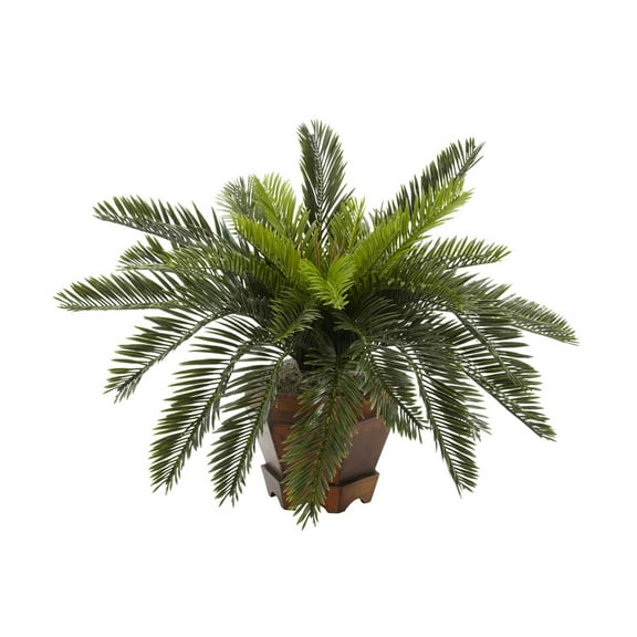 Nearly Natural 15" Cycas Polyester Artificial Plant with Hexagon Vase, Green