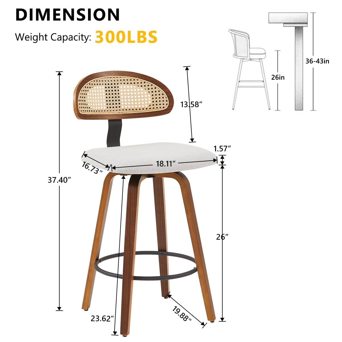 360° Swivel Rattan Bar Stools Set of 1, Counter Height Modern Kitchen Island Stools With Footrest, Uphostered Cushion, Comfortable Durable, Grey