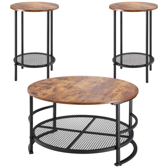 KFFKFF 3-Piece Round Coffee Table Set, 31.5-Inch Industrial Style Table with Two Side Tables, Easy-to-Assemble Metal-Leg Design for Living Room, Office, or Apartment