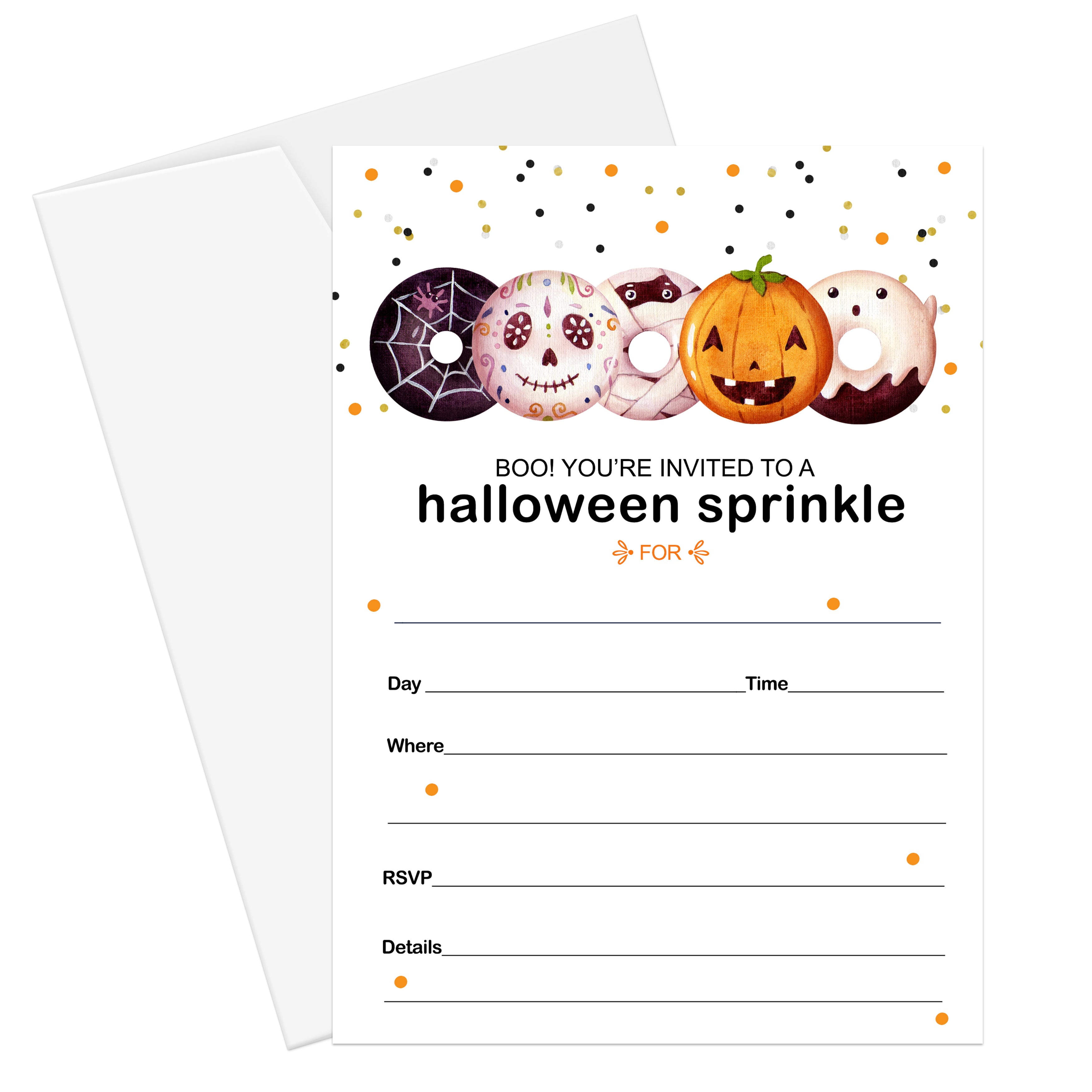 Donut Sprinkle Halloween Invitations with Envelopes Pack of 25 - Handwrite Details on Blank Invites for Baby Shower Boys or Girls - Orange and Black Theme - Printed Card Set 5x7 - Paper Clever Party