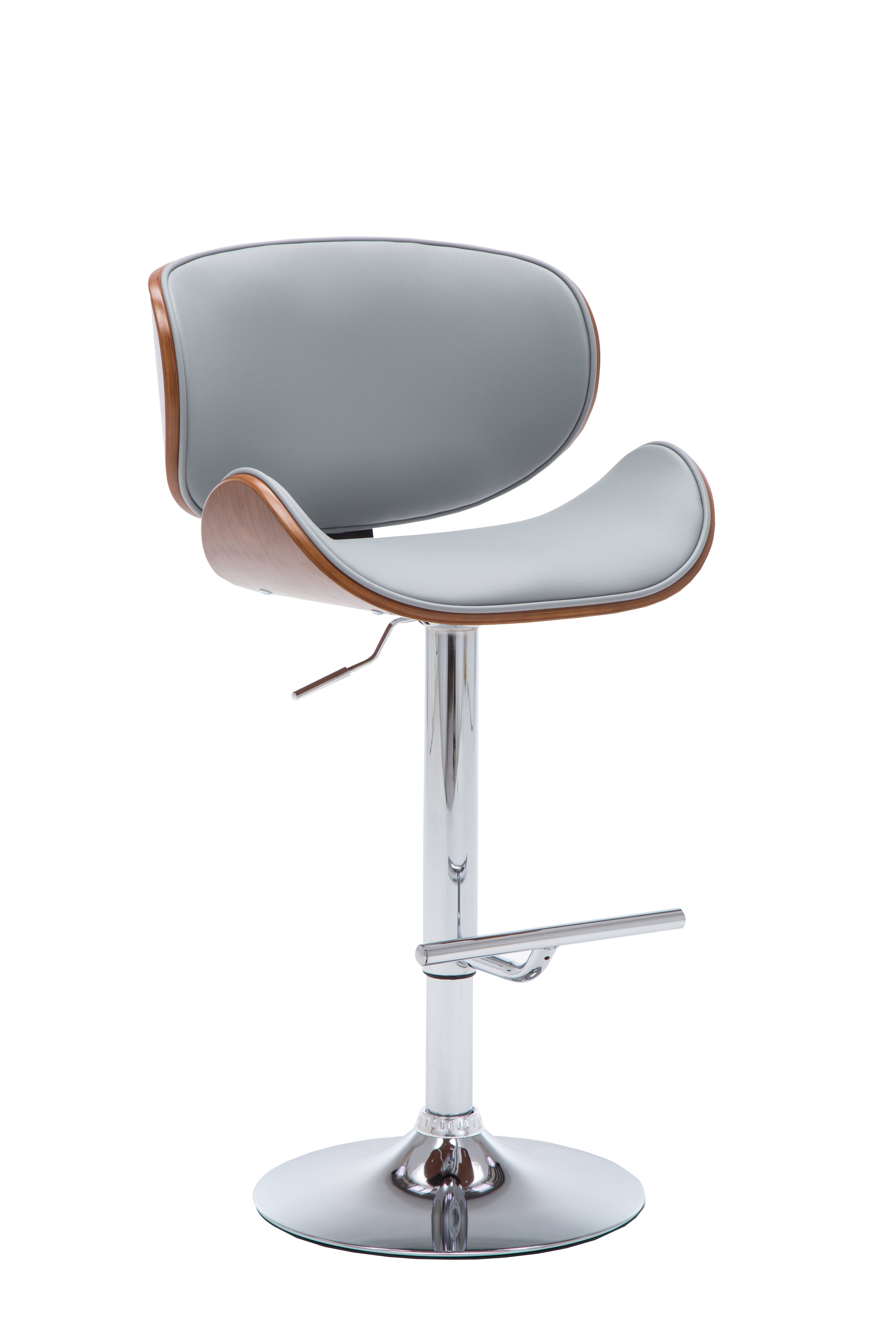Modern Contemporary Swivel Walnut Bentwood Lift Adjustable Height Bar Stool with Curved Seat and Back (Gray)