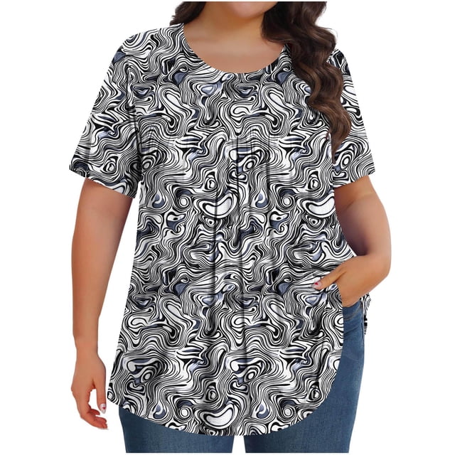 Pisexur Hauts de Printemps pour Femmes Blouses pour Femmes Décontractées Mode Féminine Imprimé Col Rond Manches Courtes Plissé Ample Multicolore,5TG