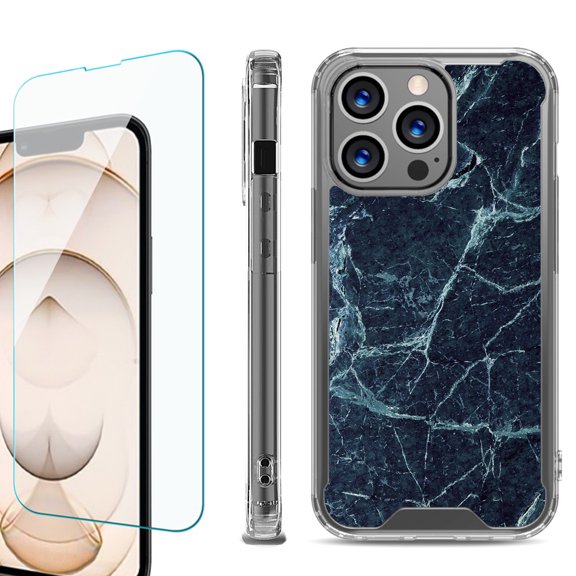 Shockproof Bumper Phone Case for iPhone 13 Pro Max, with Tempered Glass Screen Protector, by OneToughShield ® - Marble / Blue