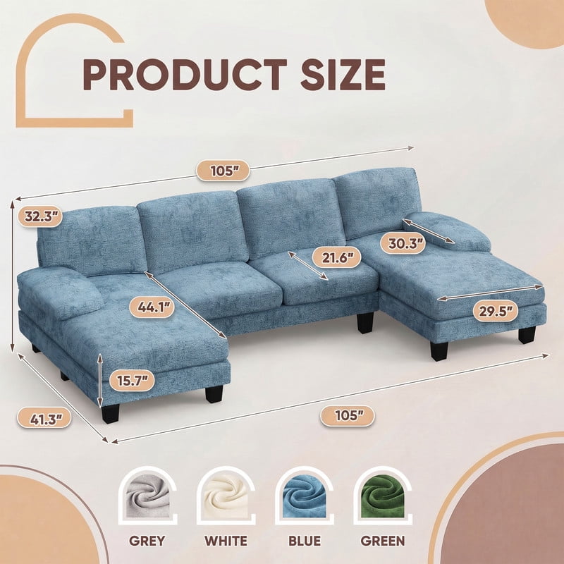 Vineego 105" Cloud U-shape Sectional Sofa Modern Modular Oversized Couches for Living Room,No Assembly Required,Blue