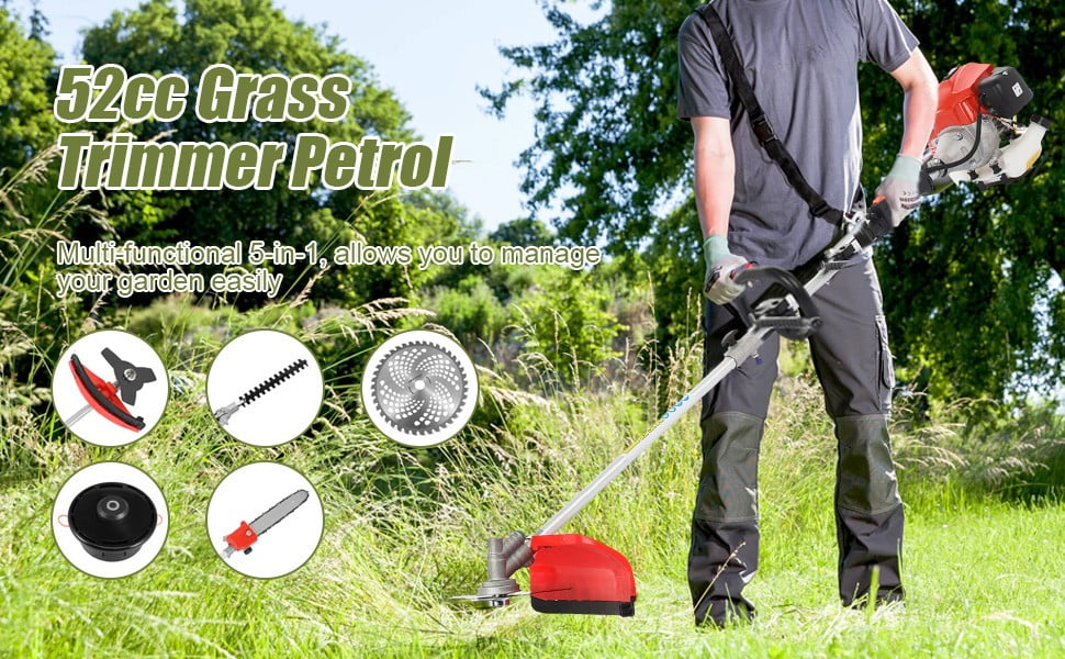 Floseru 5 in 1 Weed Wacker Gas Powe, 52CC 2-Stroke String Trimmer/Edger, Pole Saw, Hedge Trimmer and Brush Cutter Blade with Extension Pole – Gas Powe Yard Tool for Landscaping