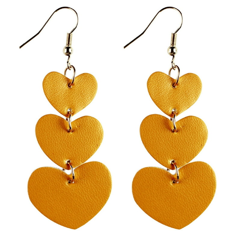 Grofry Women Hook Earrings 3 Layers Love Heart Dangle Faux Leather Hook Earrings Valentine Day Gift Red