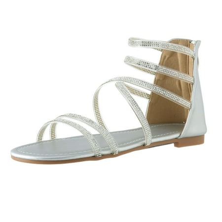 

PEASKJP Women Sandals Womens Shoe Flat Braided & Rhinestone Comfortable Slingback Sandal (Silver 6.5)