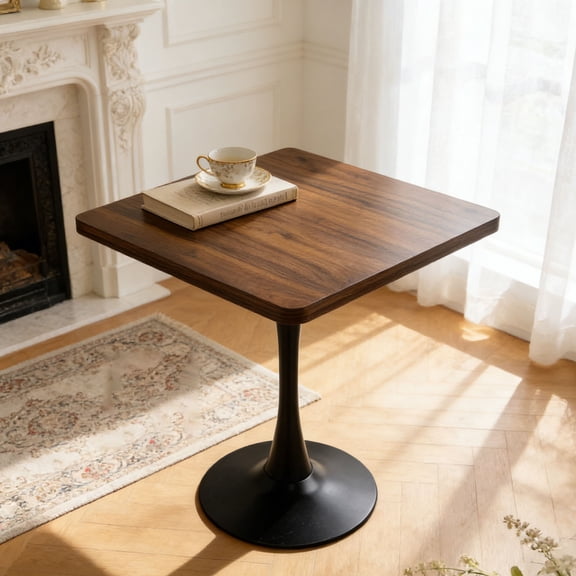 CQSXDA Modern Mid Century 27.6" Square Tulip Dining Table with Thickened Edge Decor Top & Metal Base in Walnut Color for Small Spaces