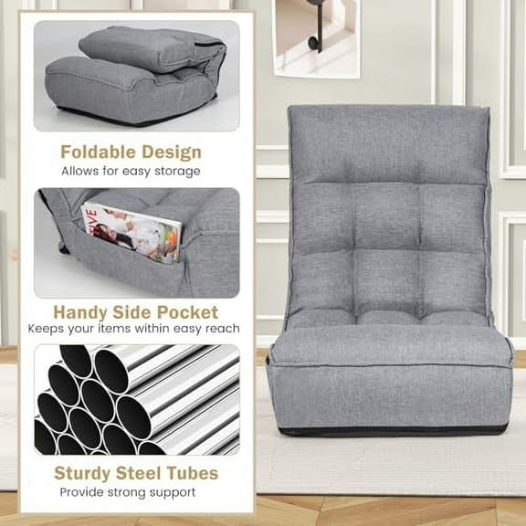 KOMFOTT Folding Floor Chair for Adults, Floor Gaming Chair with 5-Position Adjustable Headrest & 4-Position Adjustable Backrest, Side Pocket, Floor Seating Lazy Sofa for Reading, M