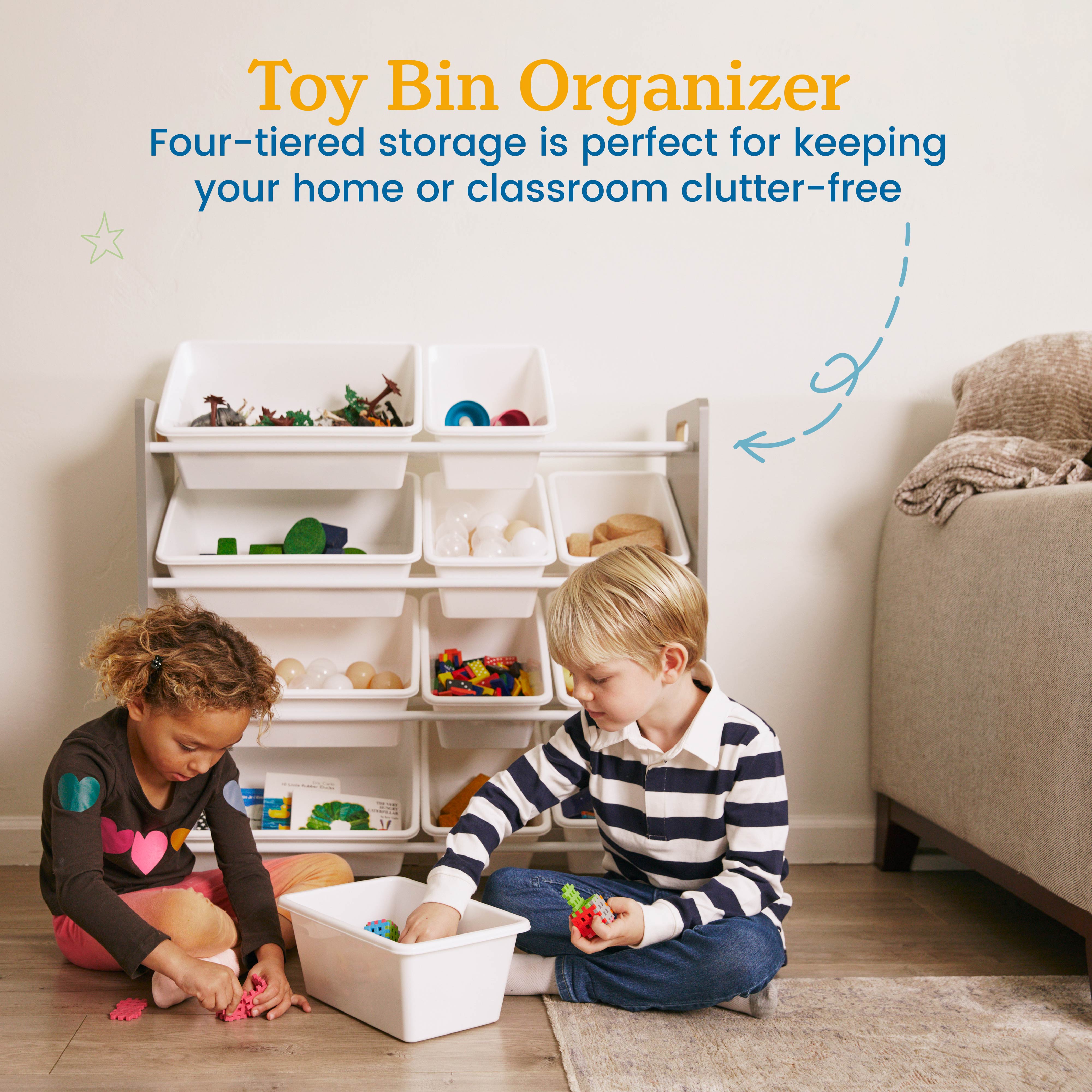 ECR4Kids 4-Tier Organizer with 12 Removable Plastic Bins, 4x3, Toy Storage, Grey/White