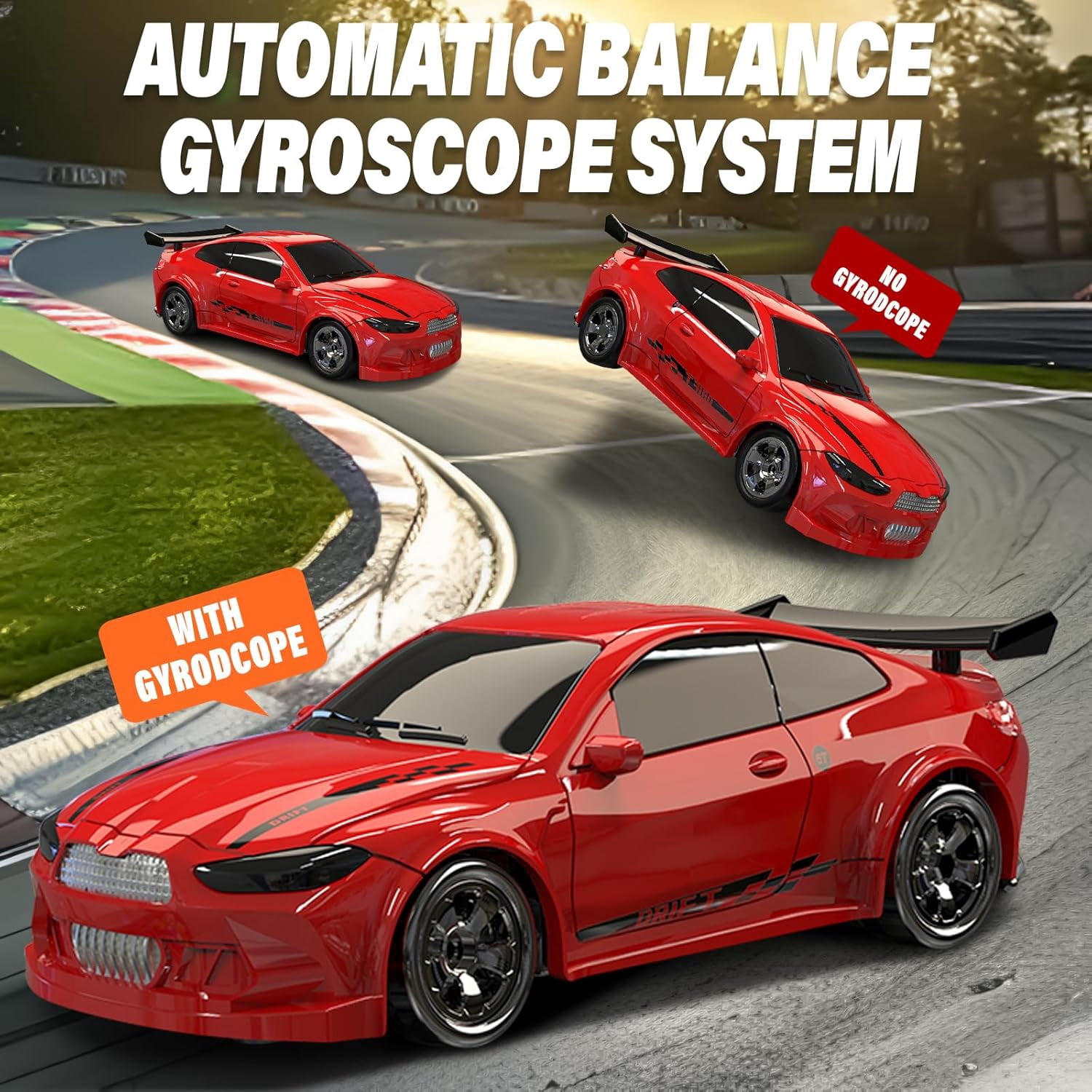 1/64 Scale 2.4G High Speed Drift RC Car, Remote Control Drift 4WD Mini Lights System, Desktop Drift Car for Adults (Red)