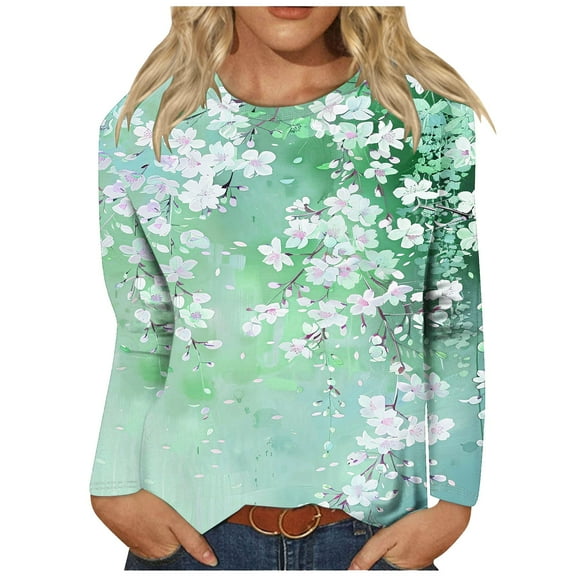 Darzheoy Womens Tops Printed Fall Versatile Floral Loose Long Sleeve Pullover T-Shirt Solid Color Graphic Hoodless Round Neck Blouses