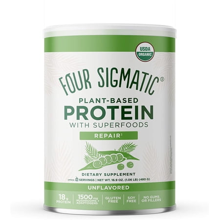 Four Sigmatic Superfood Protein, Organic Plant-Based Protein With Chaga Mushroom & Ashwagandha, Supports Immune Function & Muscle Repair, Blends Smoothly + Unflavored, 16.7 Oz