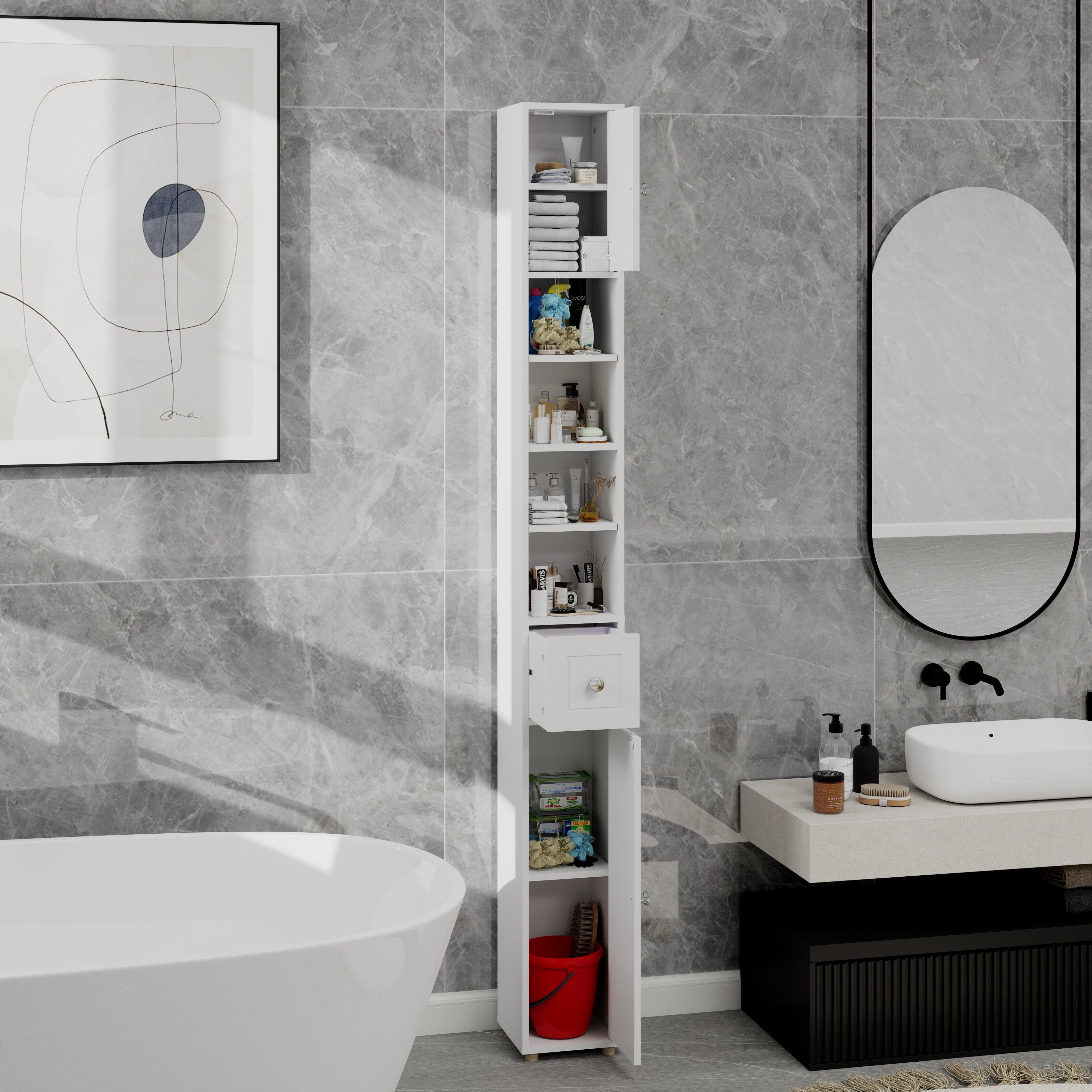 Bathroom Storage Cabinet Tall Slim Bathroom Storage Cabinet, 71" Freestanding Bathroom Cabinet with 1 Drawer, 2 Doors and 4 Adjustable Shelves-White,Over The Toilet Storage