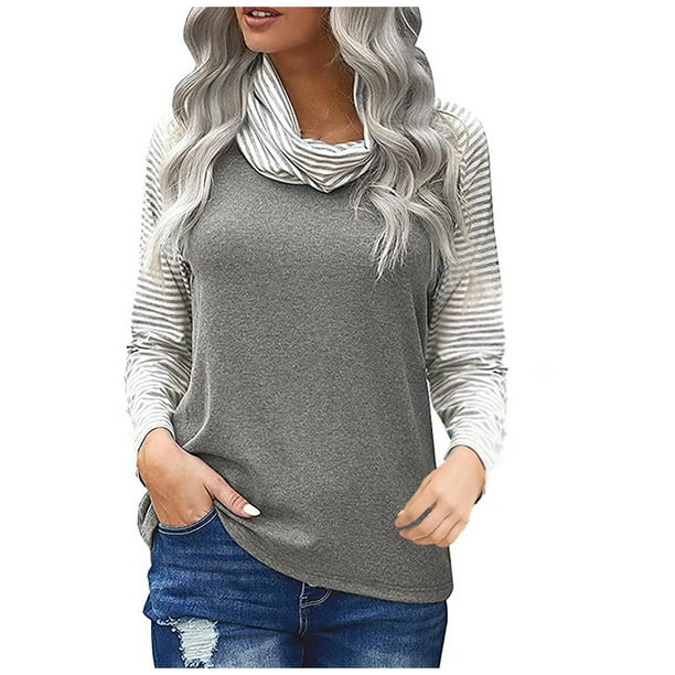 Camiseta de manga larga con cuello alto a rayas y bloques de colores para mujer Fridja ghj987+1421