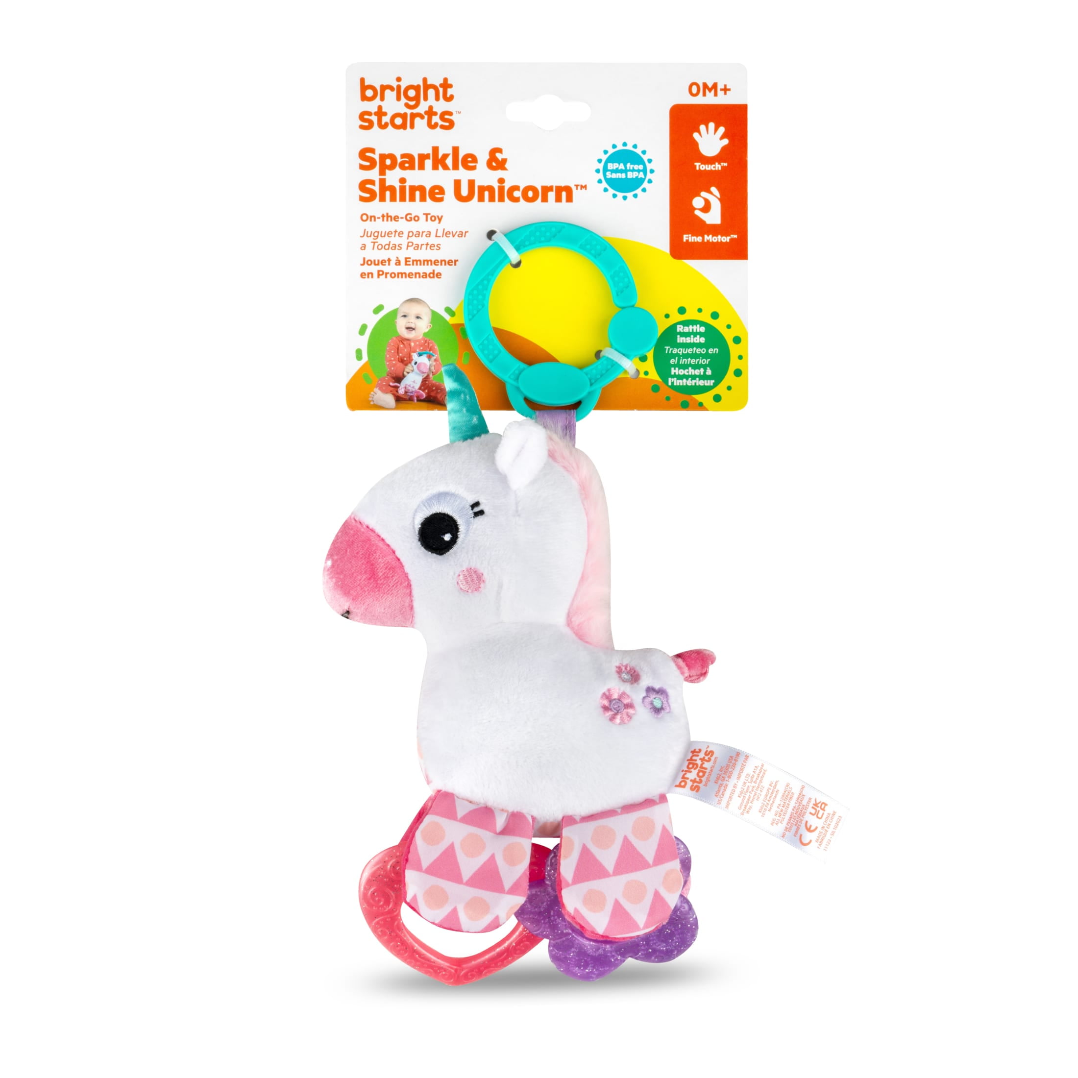 Bright Starts Sparkle & Shine Unicorn on-the-go Take-Along Clip-on Toy, Ages Newborn +