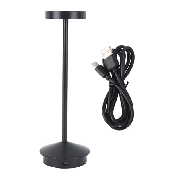 Lámpara de mesa LED recargable 2000 mAh Batería inalámbrica Funciona con batería Mesilla de noche de metal USB C Lámpara de escritorio Portátil 3 modos Regulable Negro