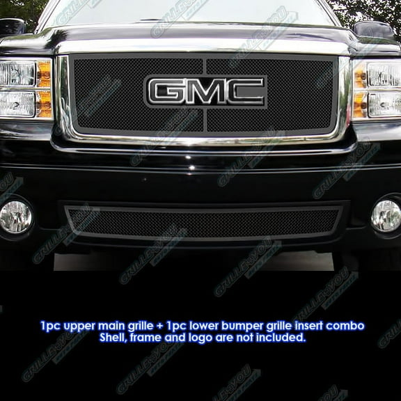 APS Compatible with GMC Sierra 1500 2007-2012 Main Upper Lower Bumper Stainless Steel Black Mesh Front Grill Grille Insert Combo G77861H