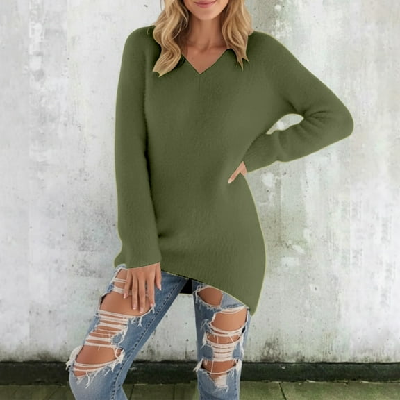 JIAYUE Sweaters for Women Winter Warm Pullover Solid Color V Neck Long Sleeve Thick For Ladies Cozy Cold Weather Wear