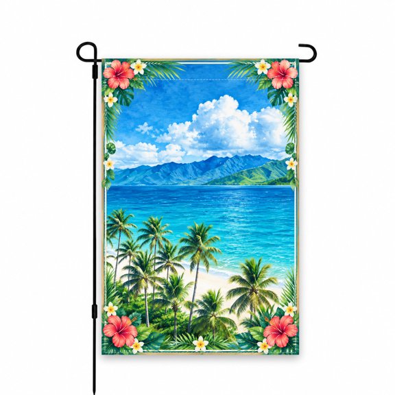Tropical Ocean Beach Garden Flag, 12 x 18 Inch, Palm Trees & Hibiscus, Outdoor Decor for Patio, Lawn, Porch, Perfect for Summer Display