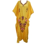 Mogul Women's Long Kashmiri Caftan Floral Hand Embroidered Yellow Maxi Kaftan Dress