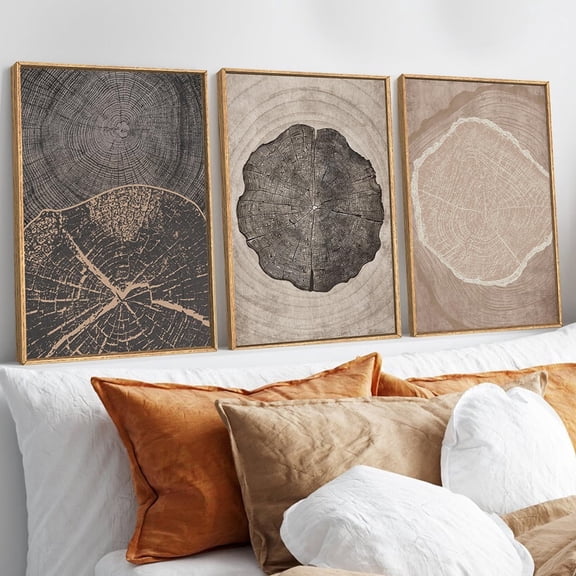Neutral Brown Tree Rings Canvas Wall Art Modern Beige Tan Wood Stump Framed Wall Decor Vintage Abstract Tree Spiral Art Print Nature Black Artwork Set of 3 for Living Room Bedroom Office 16"x24"