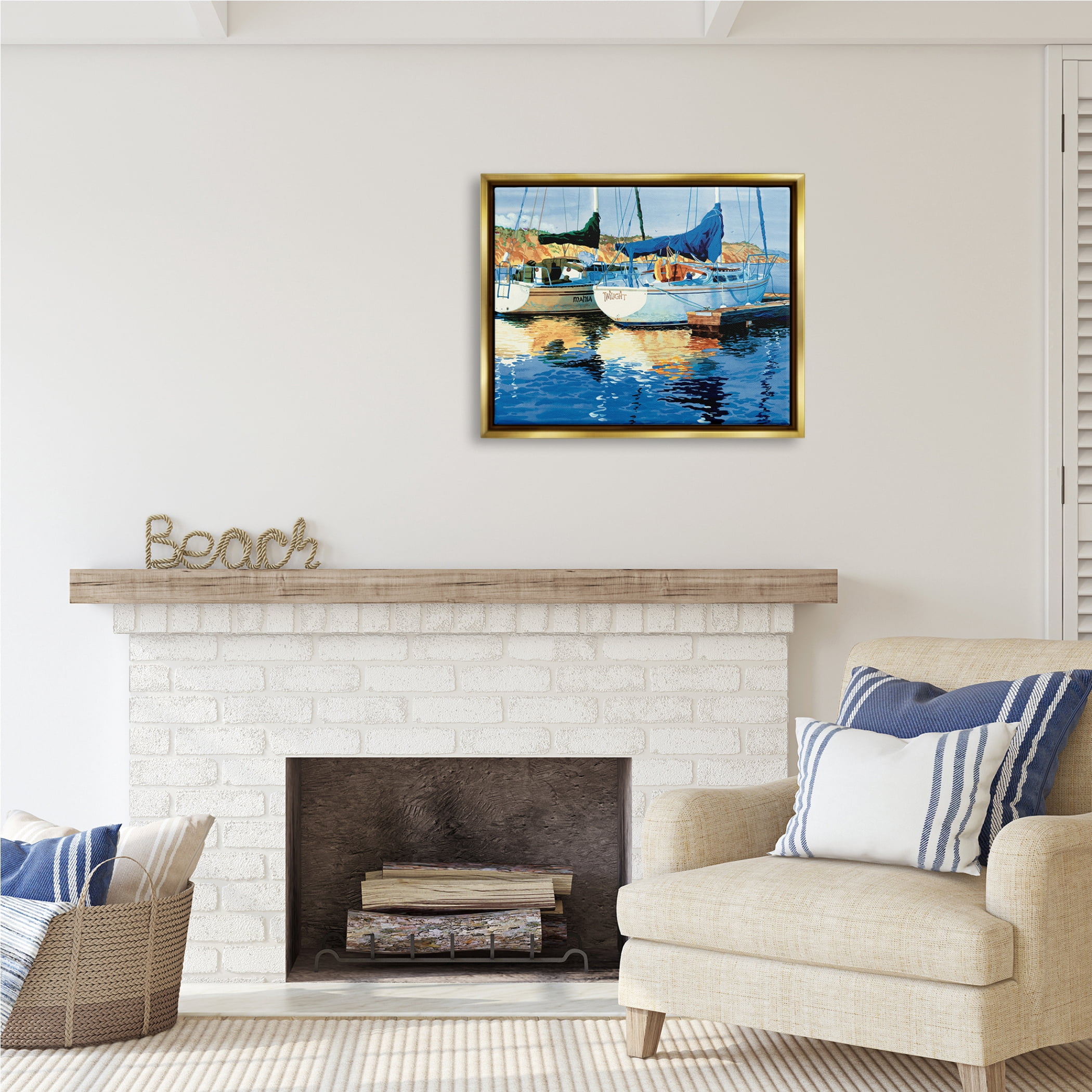 Stupell Industries Boats at Marina Dock Transportation Painting Gold Floater Framed Art Print Wall Art, 31 x 25