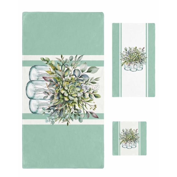 Eucalyptus Green Bath Towels for Bathroom Set,Luxury Microfiber Towels Gifts for Women,Quick Dry Beach Kitchen Hand Hair Face Towel and Dish Washcloth,Stripes Flower Cactus Plant Yoga Towels Set