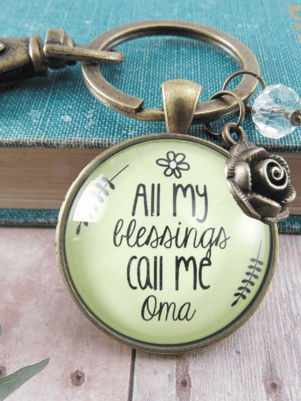 Oma Keychain All My Blessings Call Me Oma Gift Quote Womens Grandma Jewelry Blessed Life Card Flower Charm 
