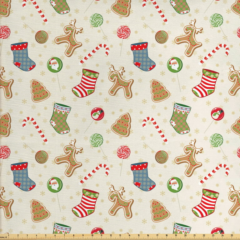  Christmas Fabric by The Yard, Gingerbread Upholstery Fabric,  Xmas Floral Bells Candy Canes Decorative Fabric, Plant Leaves Indoor  Outdoor Fabric, DIY Art Waterproof Fabric, Green Red, 10 Yards
