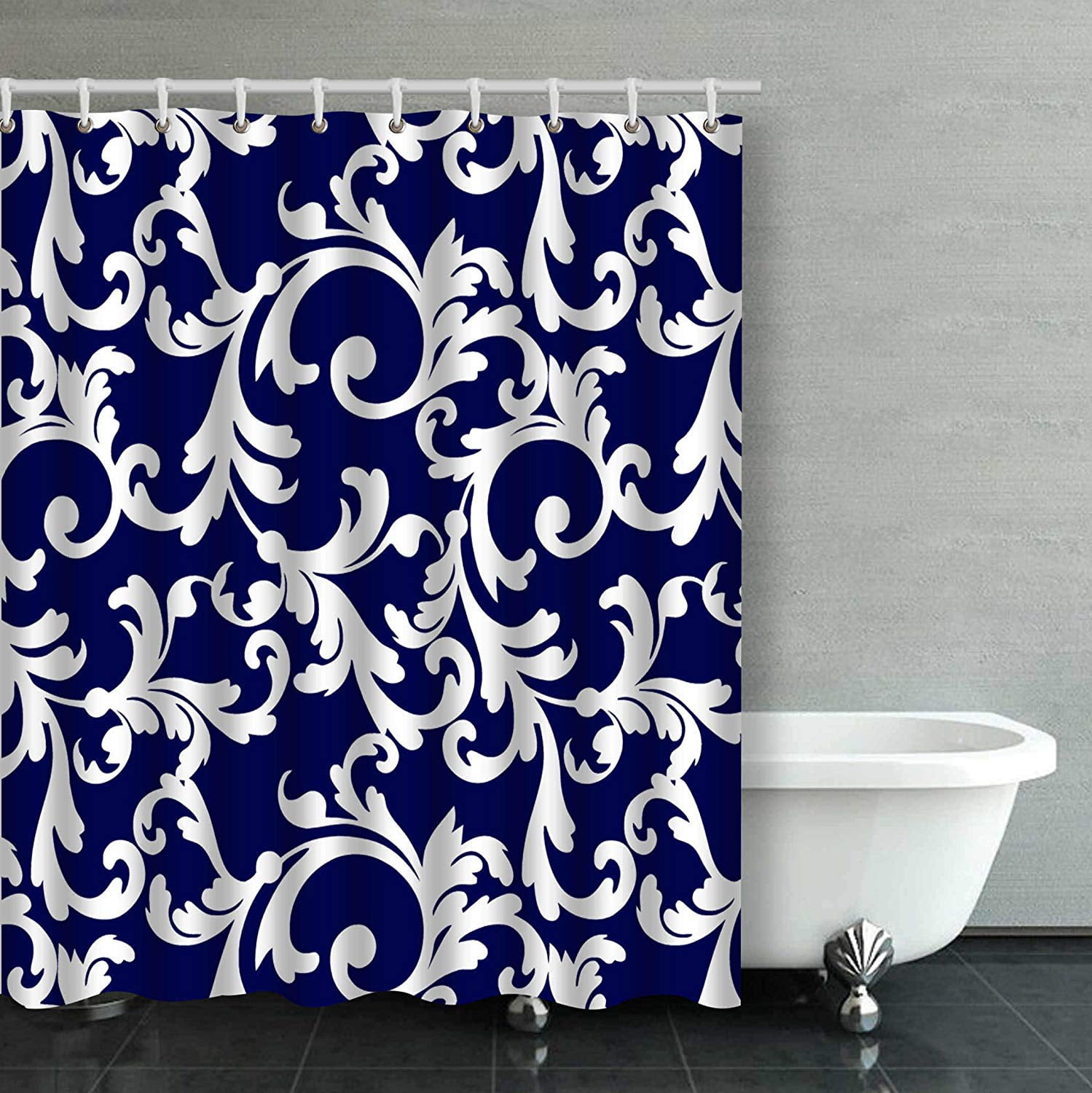 Artjia Elegant Navy Blue And White, Navy Blue Toile Shower Curtain