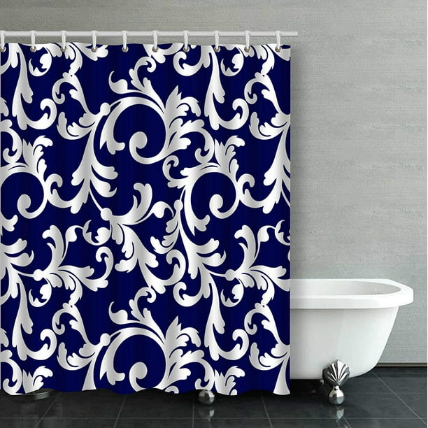 ARTJIA Elegant Navy Blue And White Floral Pattern Bathroom Shower ...