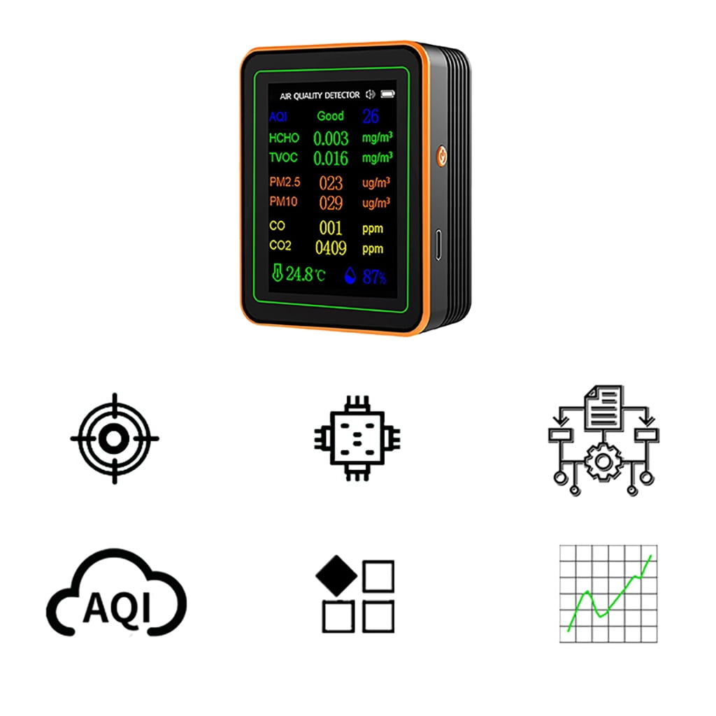 Osdhezcn Air Quality Pollution Meter HCHO TVOC CO CO2 PM2.5 PM10 Temperature Humidity Meter with Buzzers Tester Color Display