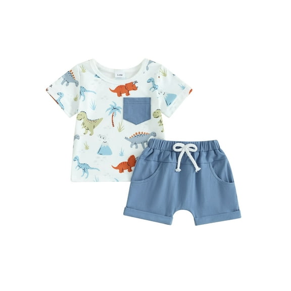 Baby Toddler Boy Dinosaur Print Outfits, 0 6 12 18 24 Months 2T 3T Round Neck Short Sleeve T shirt Tops Elastic Waist Shorts Infant Kids Summer Clothing Set
