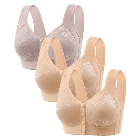 Gnurob 3 Pack Daisy Bras for Women No Underwire Bralette Front Closure Bra Comfort Senior Snap Closing Bralettes for Older Clearance Saving  06-Gray Large